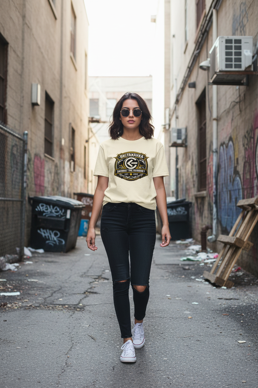Nainen beige-paidassa kävelemässä