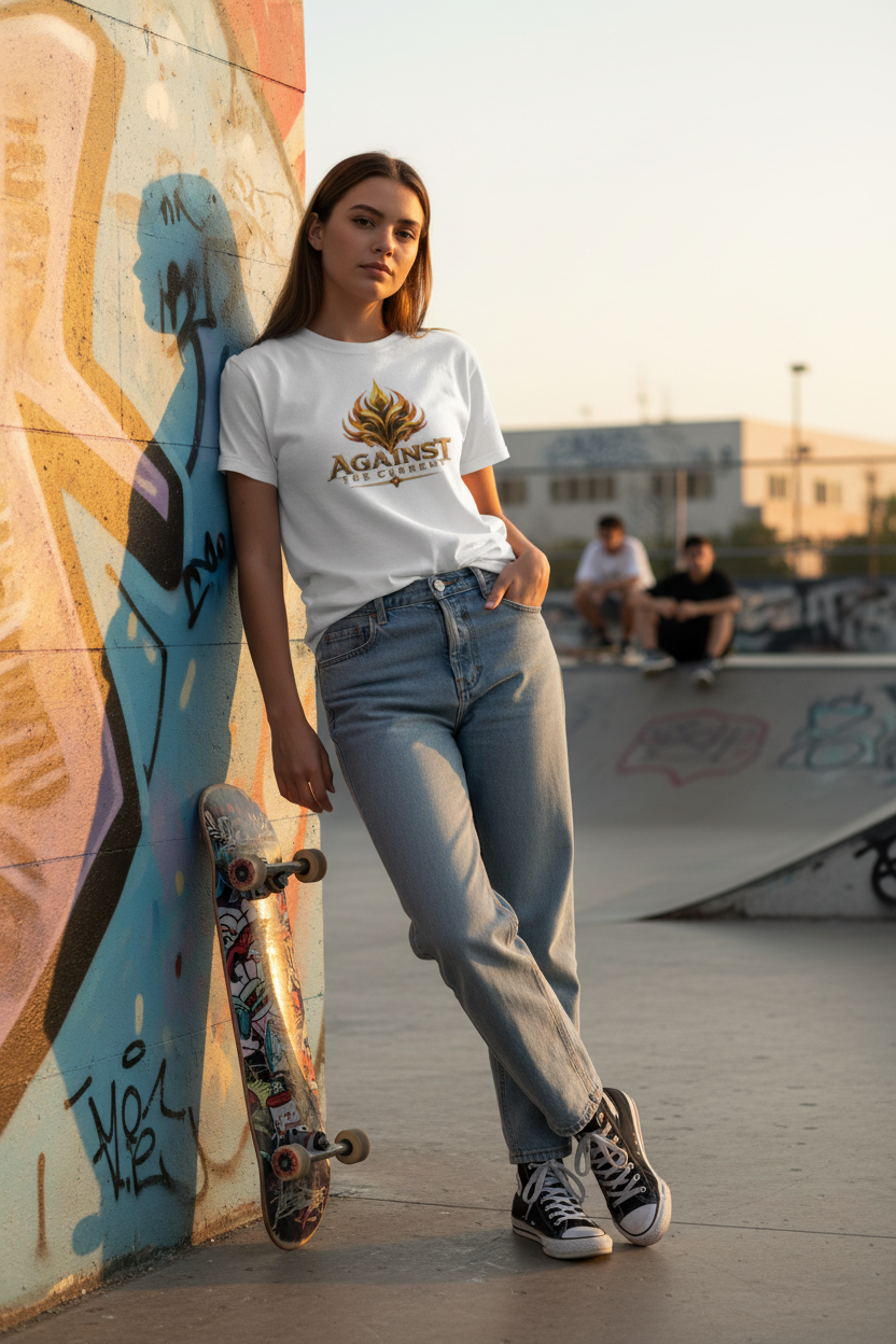 Nainen valkoisessa Against-paidassa, skatepark